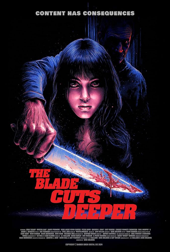 The Blade Cuts Deeper (2025) poster featuring a man coming up behind a woman with a knife out in front of her throat 