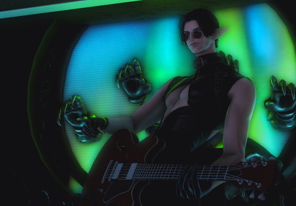 My Elezen Quill holding a guitar and standing infront of a bright green background with hands sticking out of it.