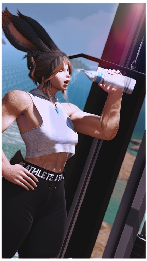 Belle in sporty workout gear, including tight leggings and a cropped sleeveless hoodie. She is in the gym with her hand on her hip as her other one holds a plastic water bottle as she pours water on her mouth from a short distance, while most of it misses her mouth and lands all over her chest.
