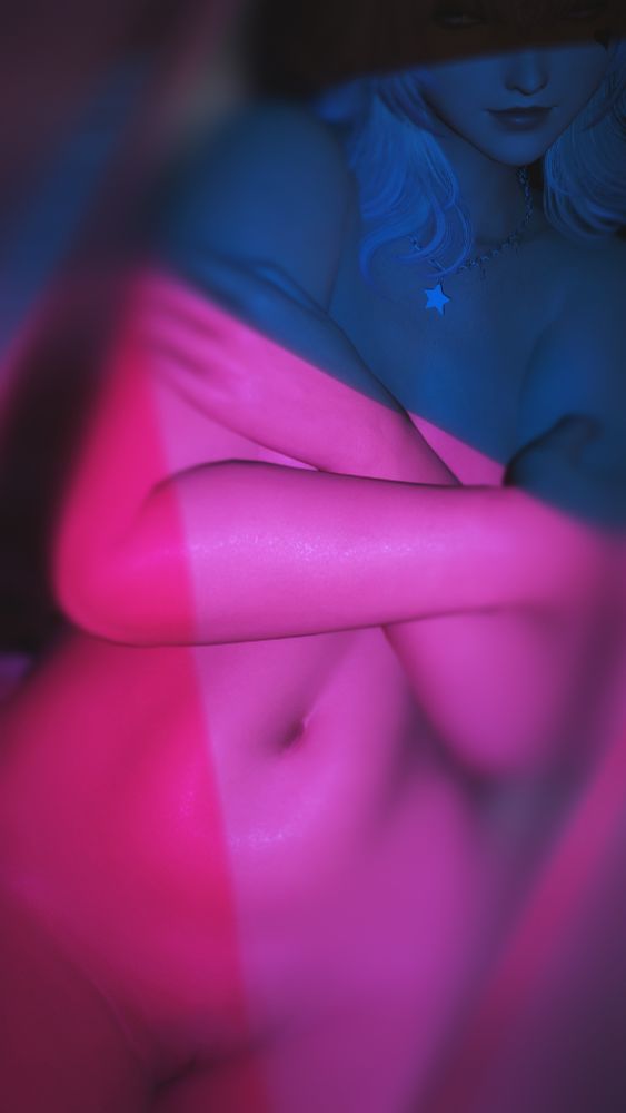 A blurry portrait, framed diagonally. The center shows a naked woman, her arms crossed, covering her breasts, her crotch showing at the very bottom, but blurry and obscured.
A pink light cuts the bottom of the frame, and a blue light cutting the top, they overlap in the middle making a triangle where they align.
The womans face is partially obscured as blue light shines on her nose down to the bottom of her face, leaving her eyes in darkness.