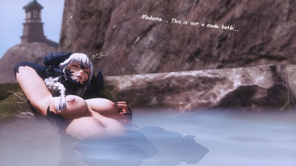 Bizzy relaxing, nude, in a spa. A small relaxed "mmm..." plays from her as she gently rubs her nipples.
To the right of the screen is dialogue saying "Madame... This is not a nude bath..."