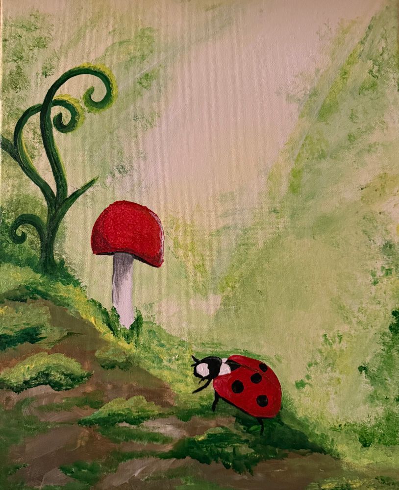 Ladybug and mushroom in sunlight. 