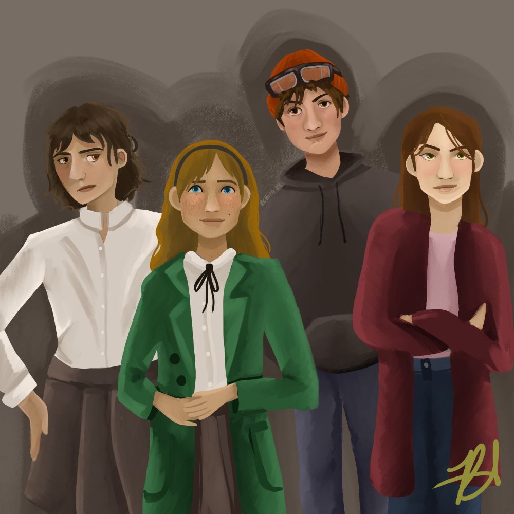 (Left to right) Clover, Rose, Dogwood, and Franki in their outfits from episode 1 of Digiverse against a gray background