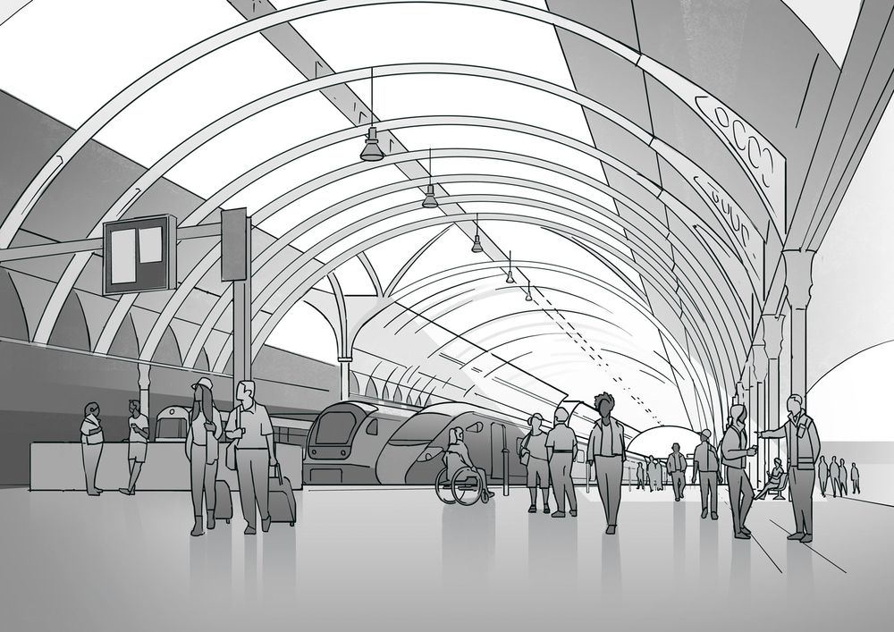 Rough line and tone illustration of London Paddington train station, showing crowds of people and trains ready to board.