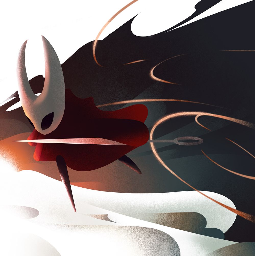Illustration of Hornet from Silksong. A stylised bug creature wearing a red cloak and wielding a needle rushes from right to left.