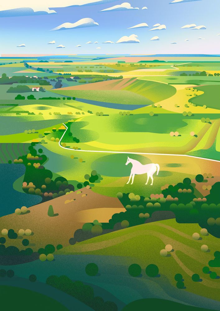 Illustration of an aerial view of the Westbury White Horse, a chalk hill figure carved into the hills in Wiltshire, UK.