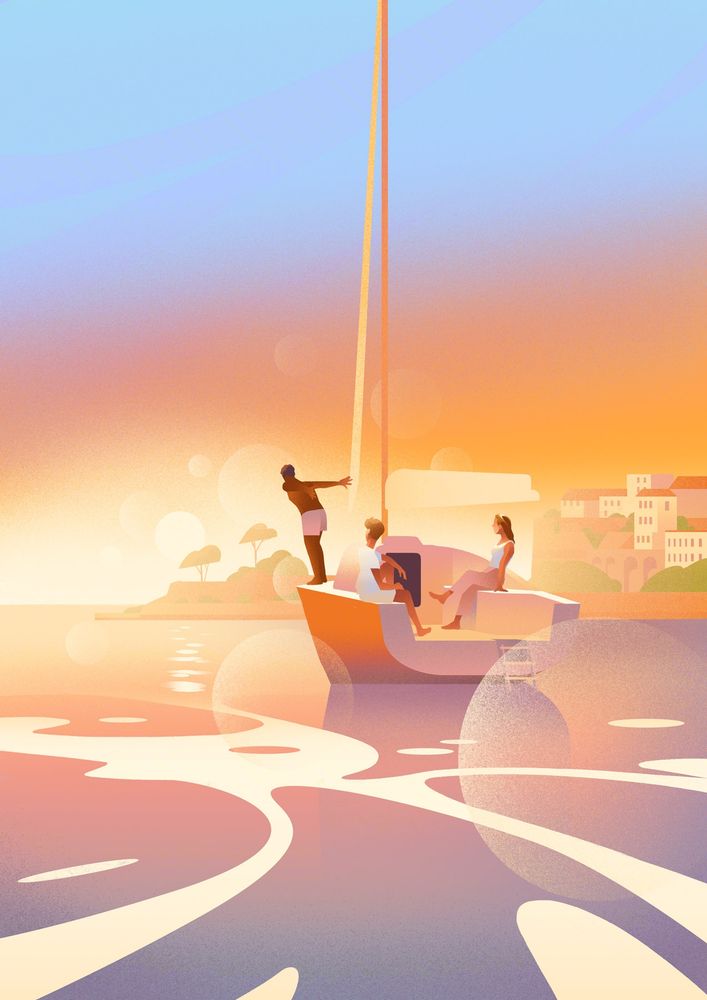 Illustration of a yacht at sunset with three people relaxing on board. One of them is about to dive off the boat.