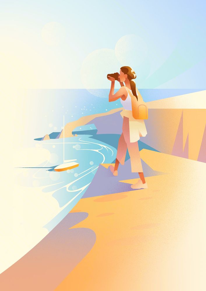 Illustration of a woman taking photographs over a bay with a yacht moored below.