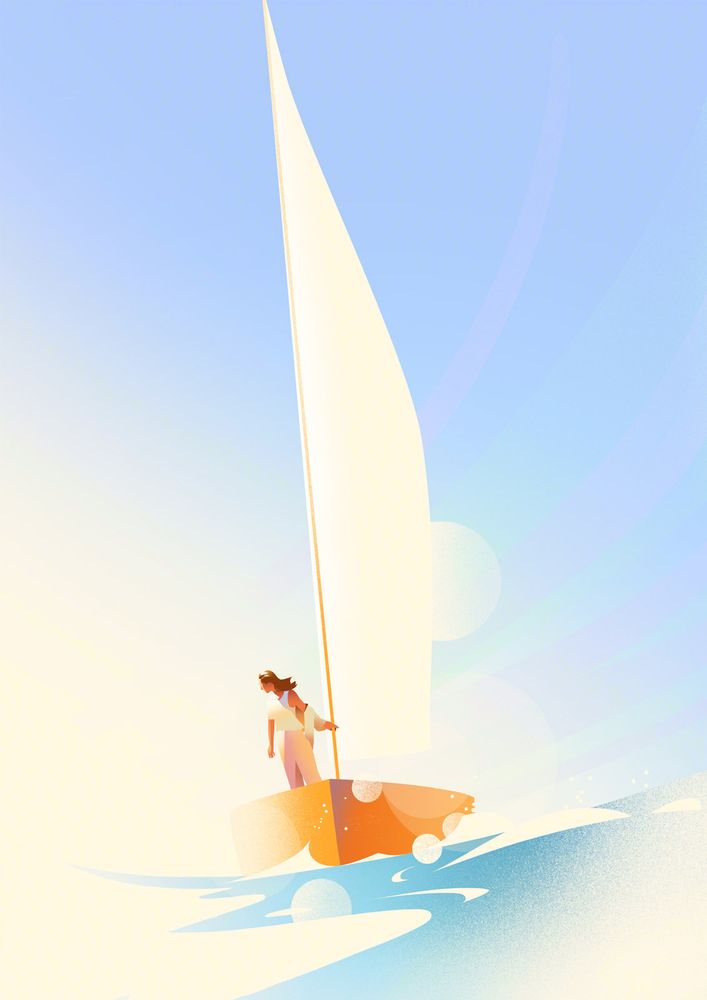 Illustration of a woman looking over the side of her sailing boat.