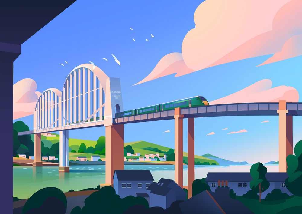 Illustration of a large rail bridge with a train passing across.