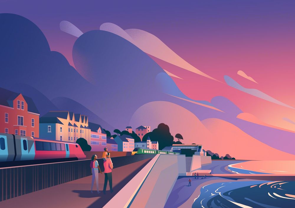 Illustration of a family walking along the Dawlish sea wall looking out to sea where the sun is setting. Two trains run along the railway next to them.