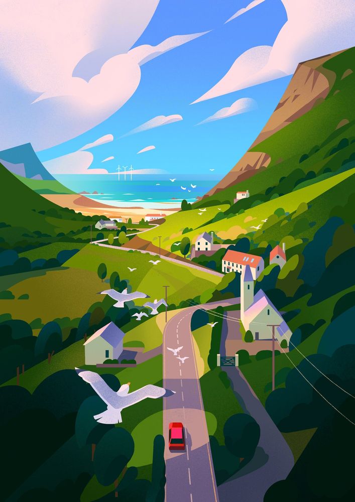 Illustration of a car travelling along a road to a distant beach. Seagulls are flying overhead and houses line the road.
