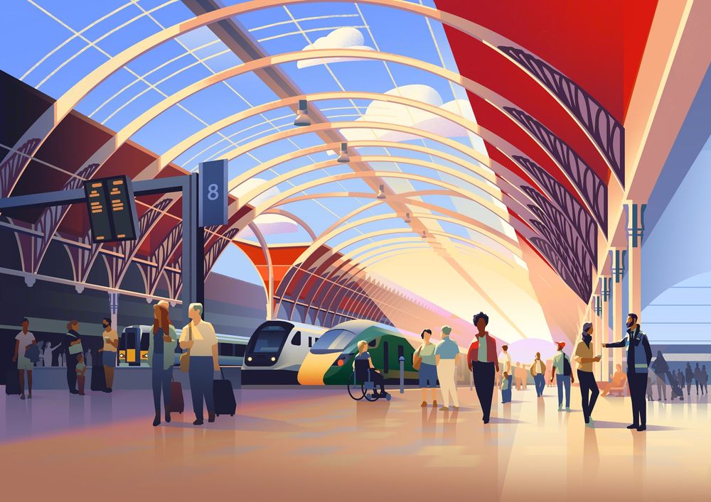 Illustration of London Paddington train station. Crowds of people move about the platform and three trains are ready to depart.