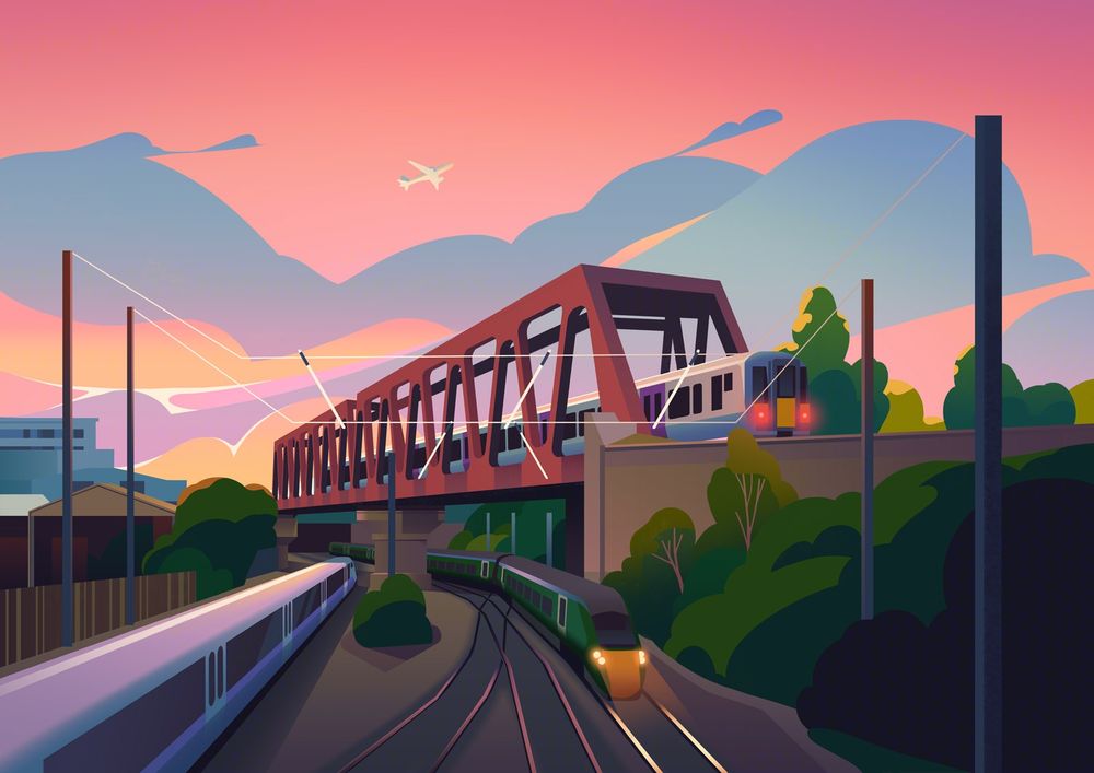 Illustration of three trains converging around a railway bridge.
