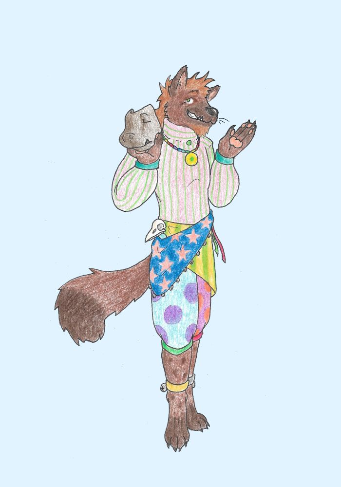 A hyena wearing outrageous colors and holding a mask of his own face. 