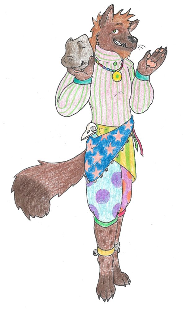 A jolly looking hyena wearing outrageous, clashing fabrics, and holding a death mask carved to resemble his own face