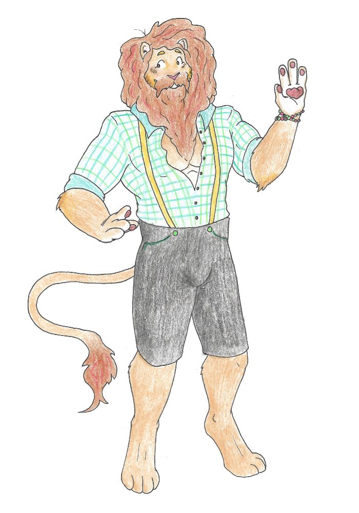 Cousin June, a friendly-looking, muscular lion waving his hand. He's wearing a gingham shirt halfway buttoned to make room for his mane, and short pants held up with yellow suspenders