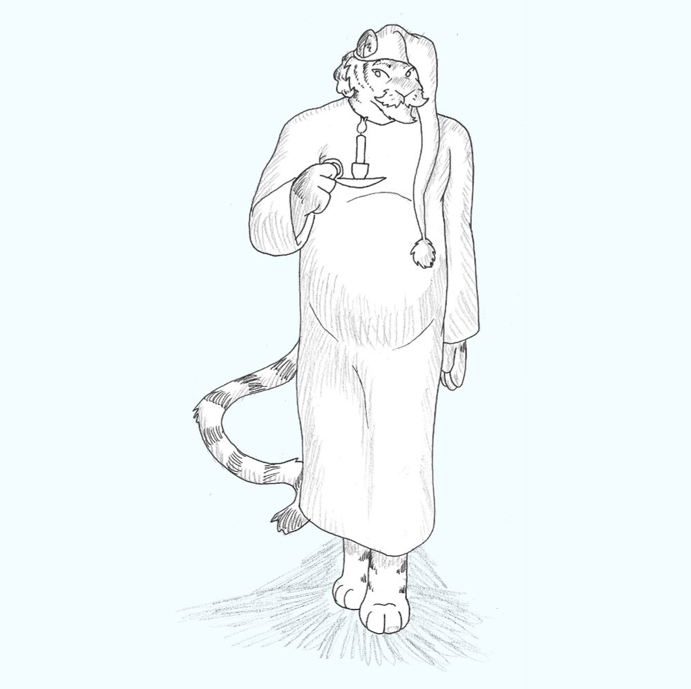 Pen with pencil shading drawing of a tiger in an old-timey nightshirt with a long hat with a deelybobber like scrooge. He had a candle in hand.
