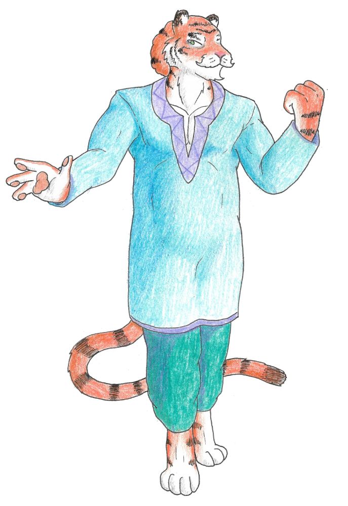 A colored pencil drawing of a tiger with a piercing stare and the impression of a goatee wearing a long blue shirt and turquoise baggy pants. He has a belly