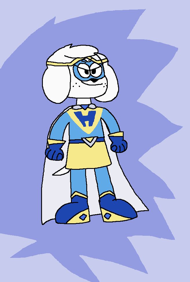 Heidi from Be Mine, Heidi Valentine as a superhero. Hypermutt!
She's wearing a primarily blue dress with dark blue boots and gloves, a silver cape and blue mask.