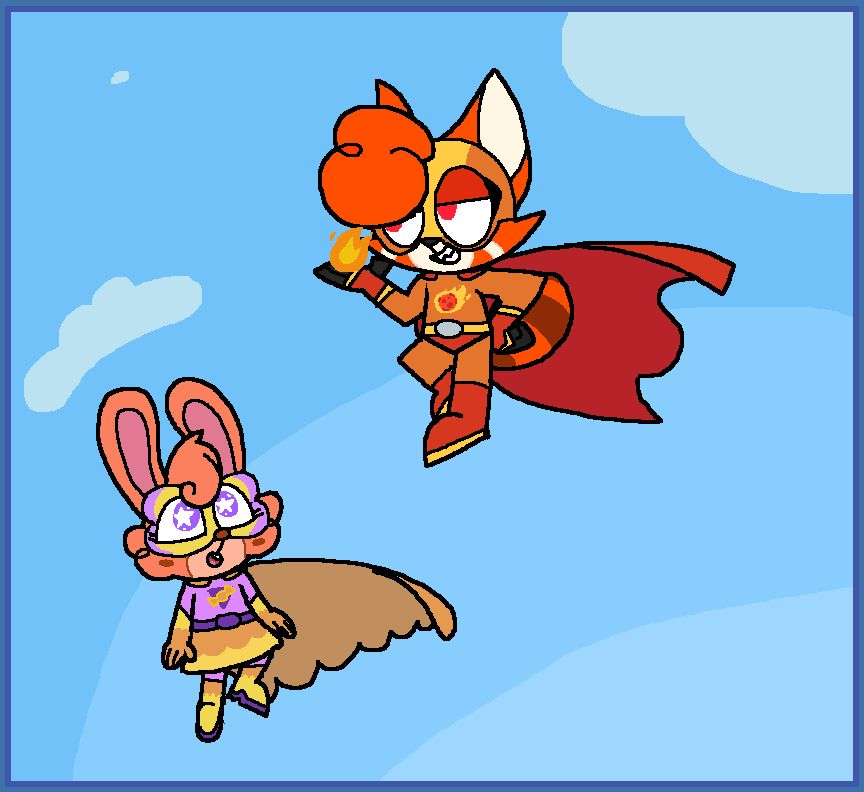 Drawing of Ikaribunbun's Britney and Charbeanss' Kayla, both depicted as superheroes flying in the sky. Britney is enamored by Kayla's mastery over fire, looking onwards in awe as both their capes flutter in the wind.
