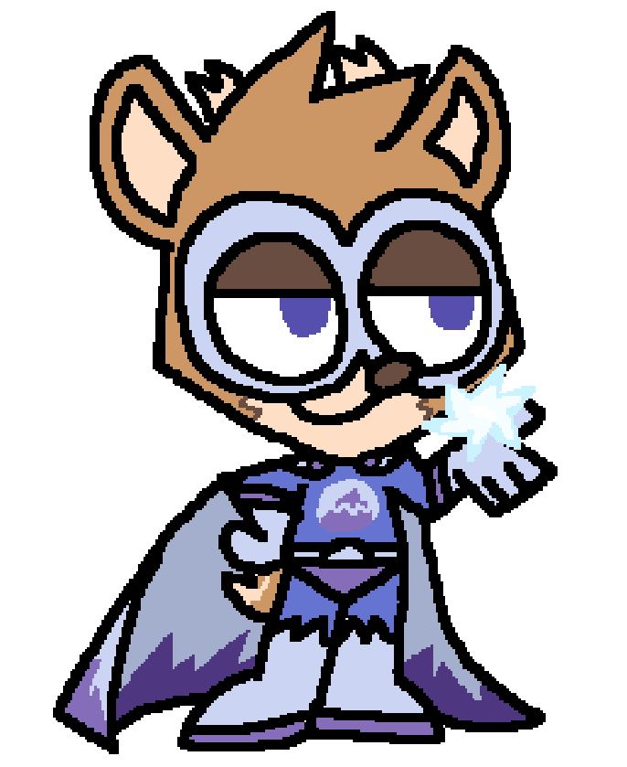 Illustration of a deer kid wearing a blue superhero costume with a cape and domino mask. He's levitating a snowflake-shaped glowy ice ball over his hand.