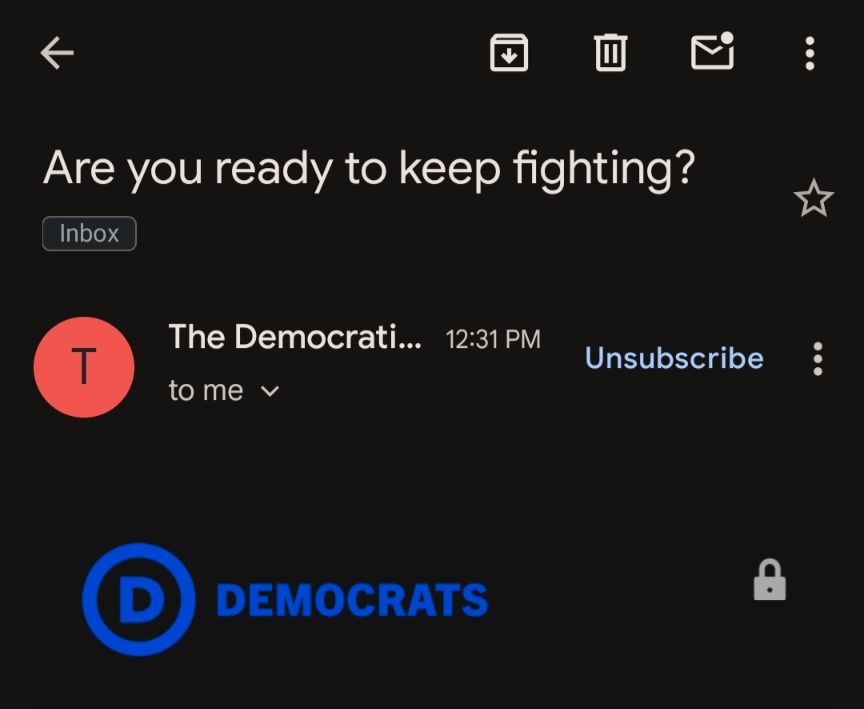 Header of an email from the Democratic Party asking "are you ready to keep fighting?"