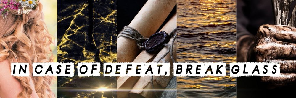 A collage of images including a blonde woman wearing a flower crown, a closeup of stone  with glowing veins of ore in it, a pile of scrolls, light reflecting on water, and a hand holding the hilt of a weapon 