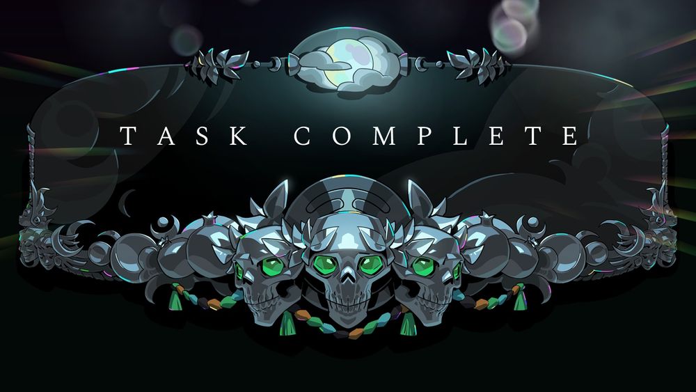 A banner with three silver skulls reading Task Complete. A screencap from Hades 2. 