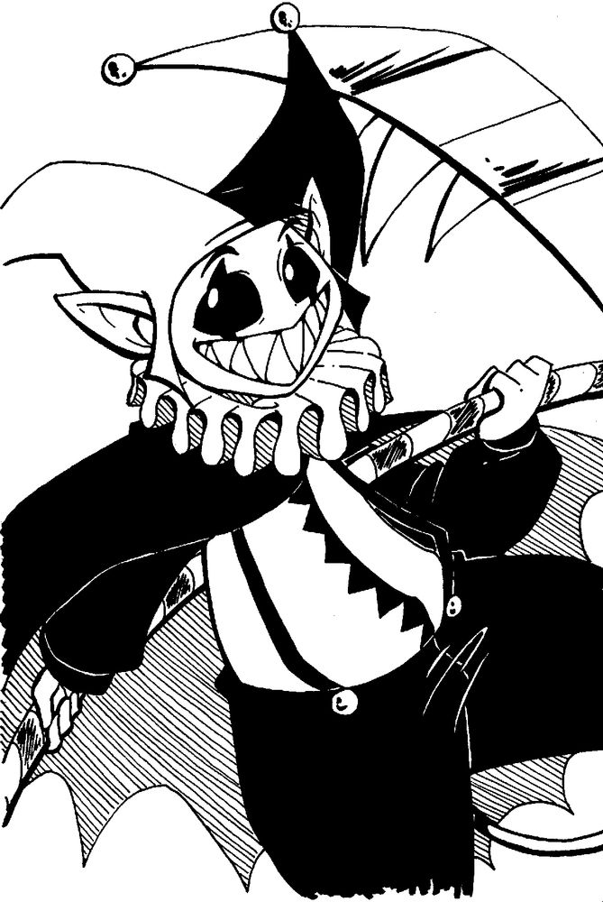 Black and white inked sketch of Jevil wielding the Devilsknife.