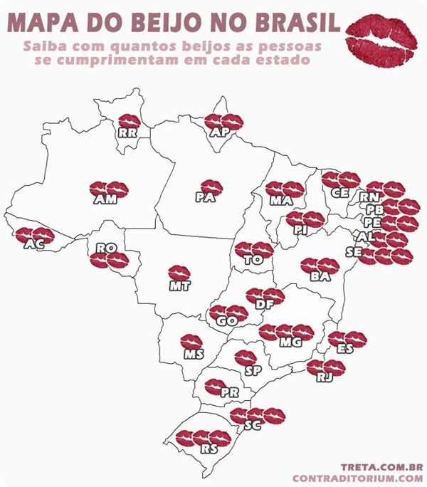 Map of Brazil with different numbers of "kiss" emojis in each state, depending on local customs for air kiss greetings, from Treta.com