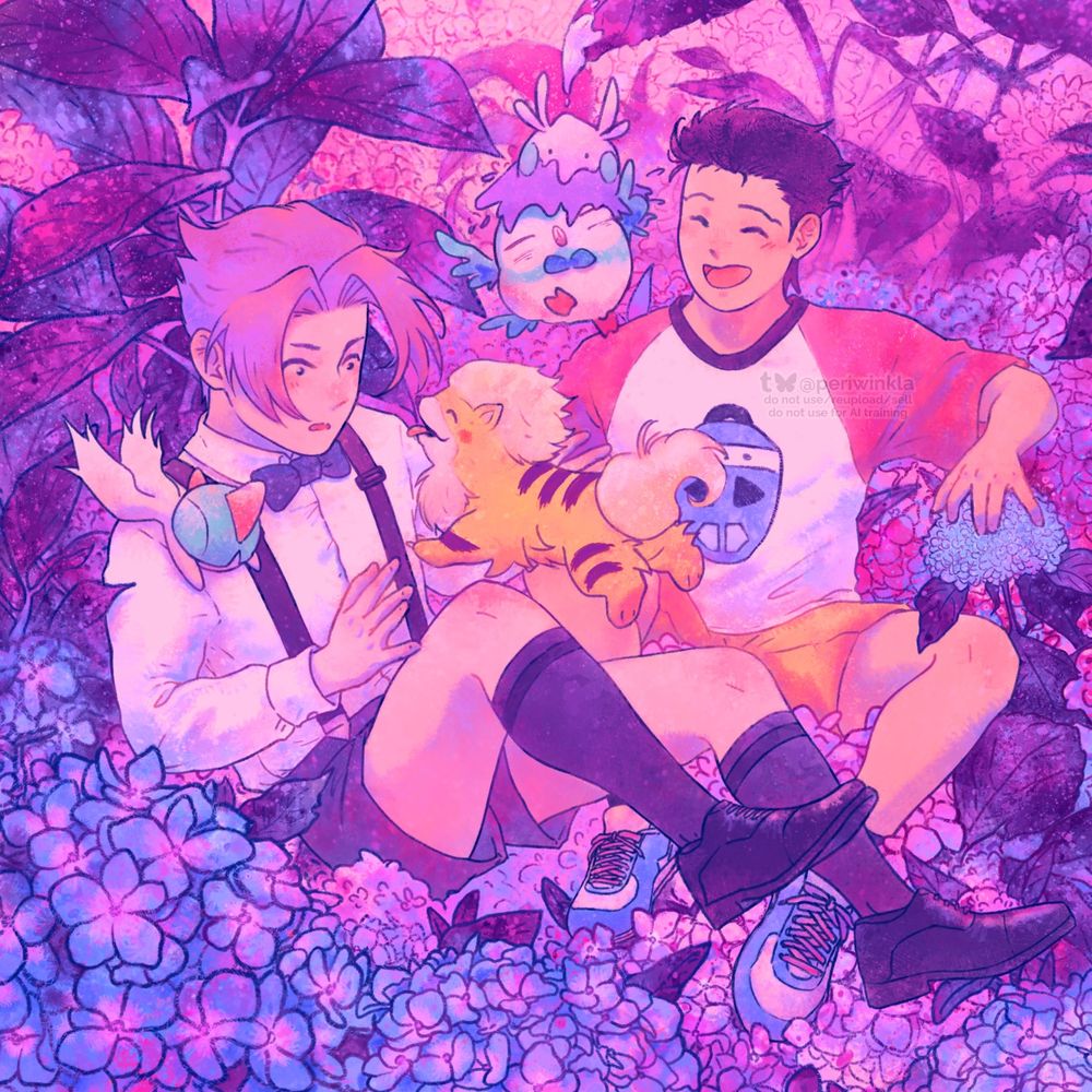 Illustration depicting Miles Edgeworth and Phoenix Wright as kids on top of some bushes of blue and pink hydrangeas. They have some pokémon with them. There is a Growlithe jumping happily towards Miles, who looks surprised. On top of Mile's shoulder, there's a Ralts about to fall off. There are a Goomy and a Rowlet on top of Phoenix's shoulder, who is smiling happily. Goomy is on top of Rowlet's head, and Rowlet is spooked. A little above Goomy, there is a leaf. There is some slime connecting Goomy to a leaf a little above him. The colors are pinks, purples, and blues.