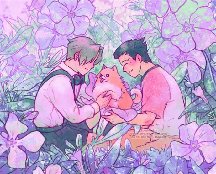Illustration depicting Miles Edgeworth and Phoenix Wright as kids in a field of giant periwinkles. They're sitting on the ground, while Missile is on a periwinkle and between them. Miles is holding Missile's paw, Phoenix is smiling.
The colors of the picture are pinks, light purples, and greens.