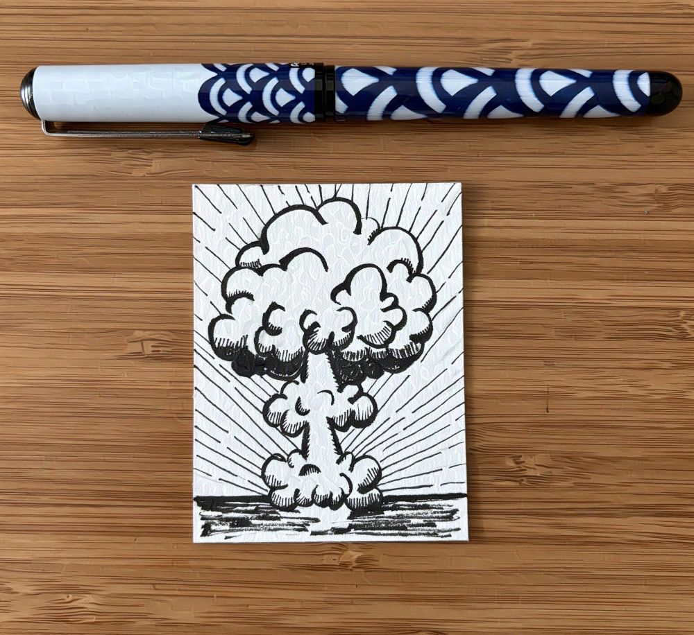 A drawing of a mushroom cloud after a blast.