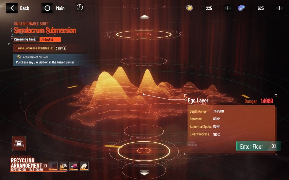 Punishing: Gray Raven Simulacrum Submersion event game mode: Ego layer, 71-89KM depth, 100% cleared.