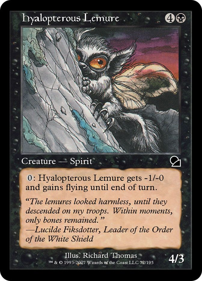 Hyalopterous Lemure, a giant dragonfly-winged lemur clinging to a cliff side with birdlike talons on its hind legs and stubby fingers on its arms.