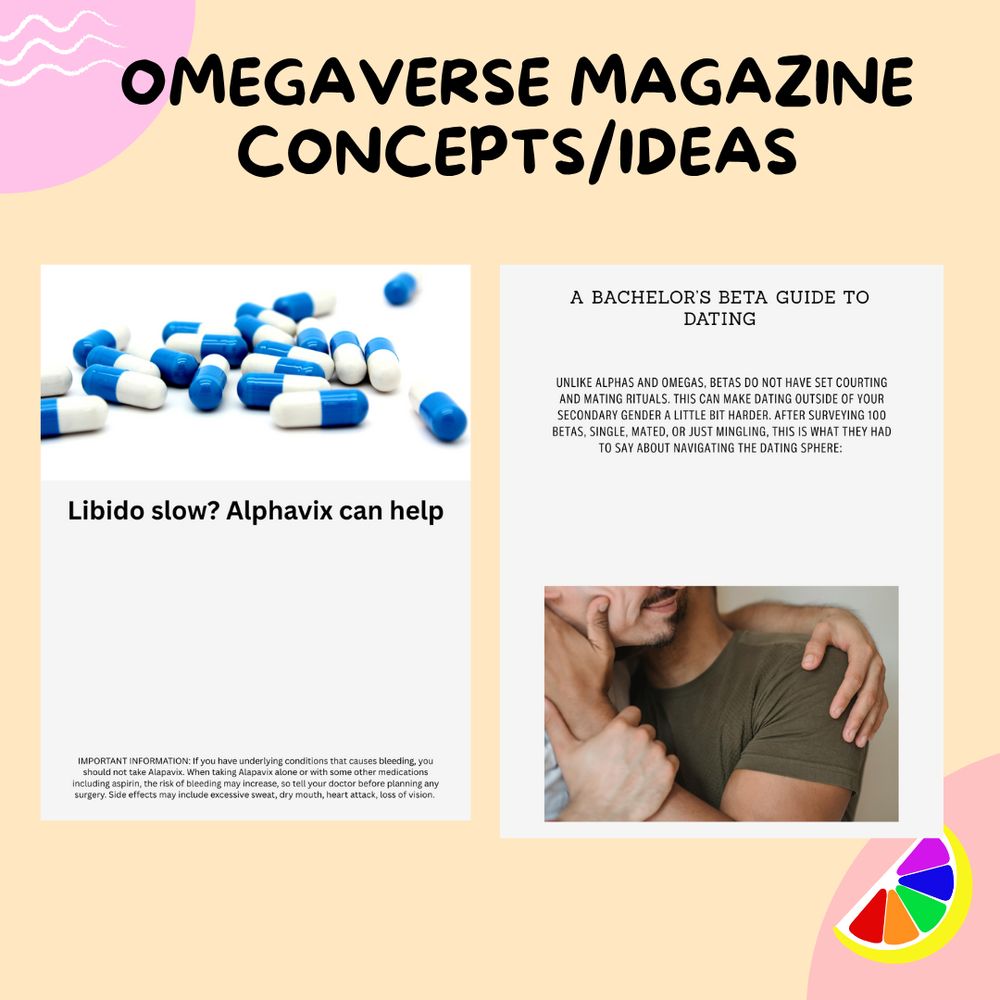 Two concepts first on the left are blue pills with the caption "Libido slow? Alphavix can help" and second "A bachelor's Beta guide to dating" 