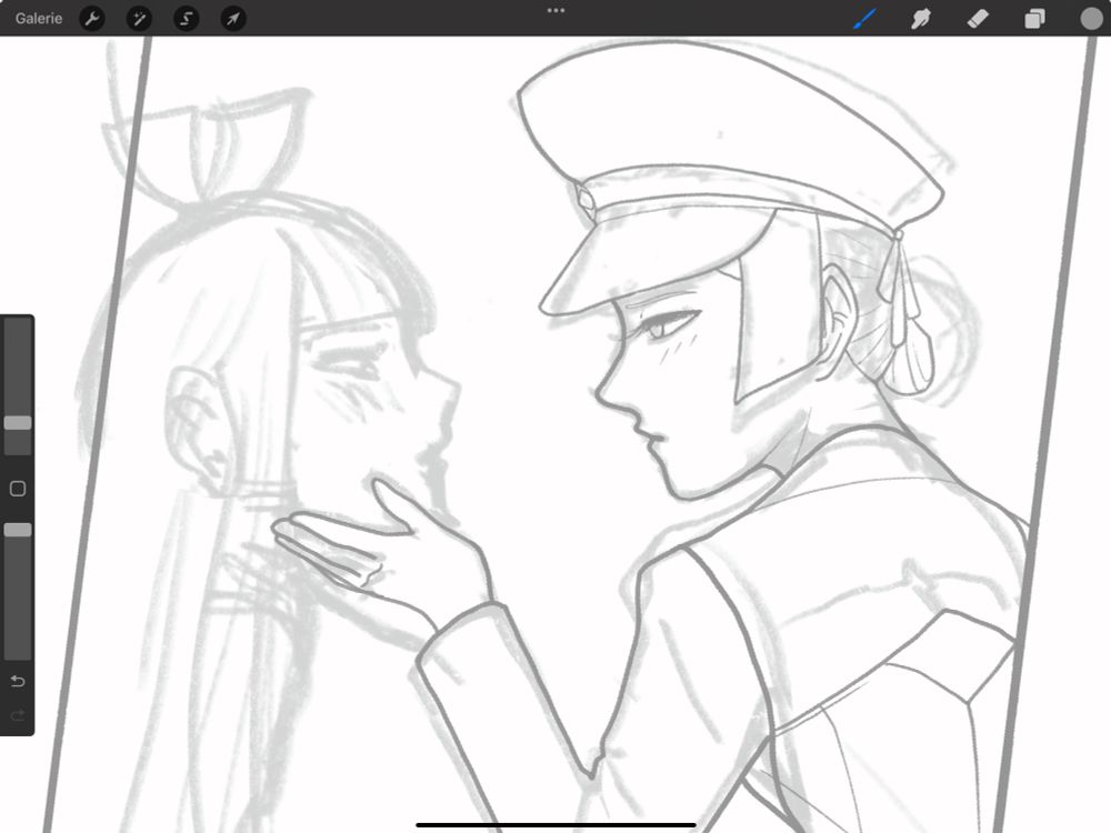 A screenshot of a Procreate canvas. On it is a sketch of Susato dressed in a male Yumei academy uniform and holding Rei Membami’s chin with her left hand. They’re looking at each other deeply in the eyes. They’re both slightly blushing.