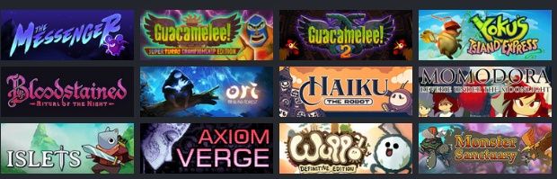 SteamプロフィールのGame Collectorショーケースのスクリーンショット。
4x3の枠に以下のゲームが並んでいる。
The Messengers
Guacamelee's Super Turbo Championship Edition
Guacamelee! 2
Yoku's Island Express
Bloodstained: Ritual of the Night
Ori and the Blind Forest
Haiku the Robot
Momodora: Reverie Under The Moonlight
Islets
Axiom Verge
Wuppo: Definitive Edition
Monster Sanctuary