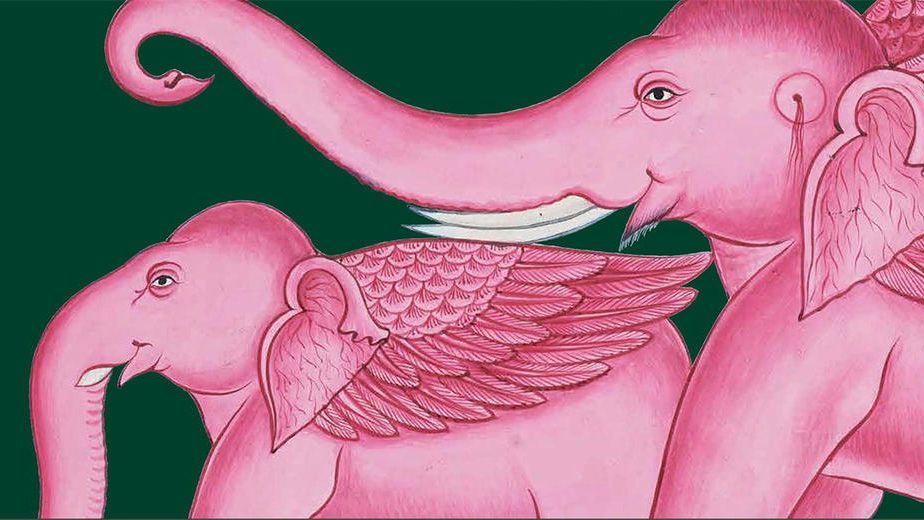 Image from the Treasured exhibition, an illustration of two pink elephants with feathered wings, set against a dark green background.