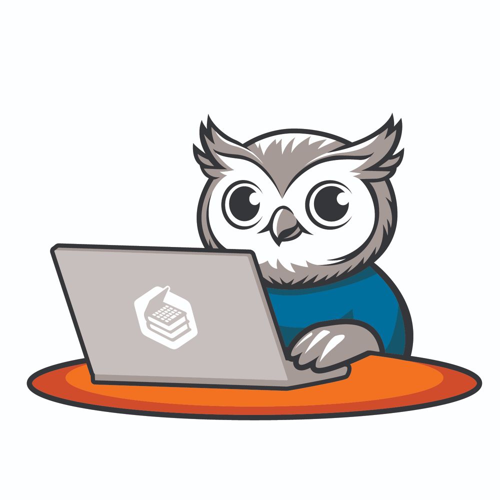 LibreTexts mascot, Benny the Owl, using a laptop 