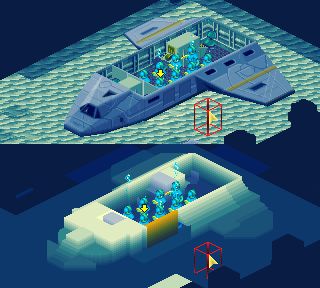 In game screenshot of the game X-Com above, with a blocky screenshot showing the collision view below it approximating the solidness of the visual view