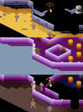 In game screenshot of the game X-Com above, with a blocky screenshot showing the collision view below it approximating the solidness of the visual view. The screenshot is highlighting a glitch where diagonals allow peering into closed areas due to a quirk of how collision is done