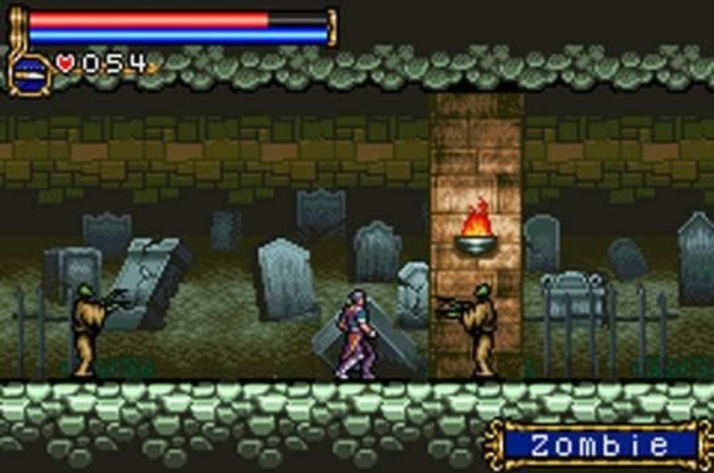 Example image of the gameplay in Castlevania Circle of the Moon with a Zombie to left and right with a graveyard background