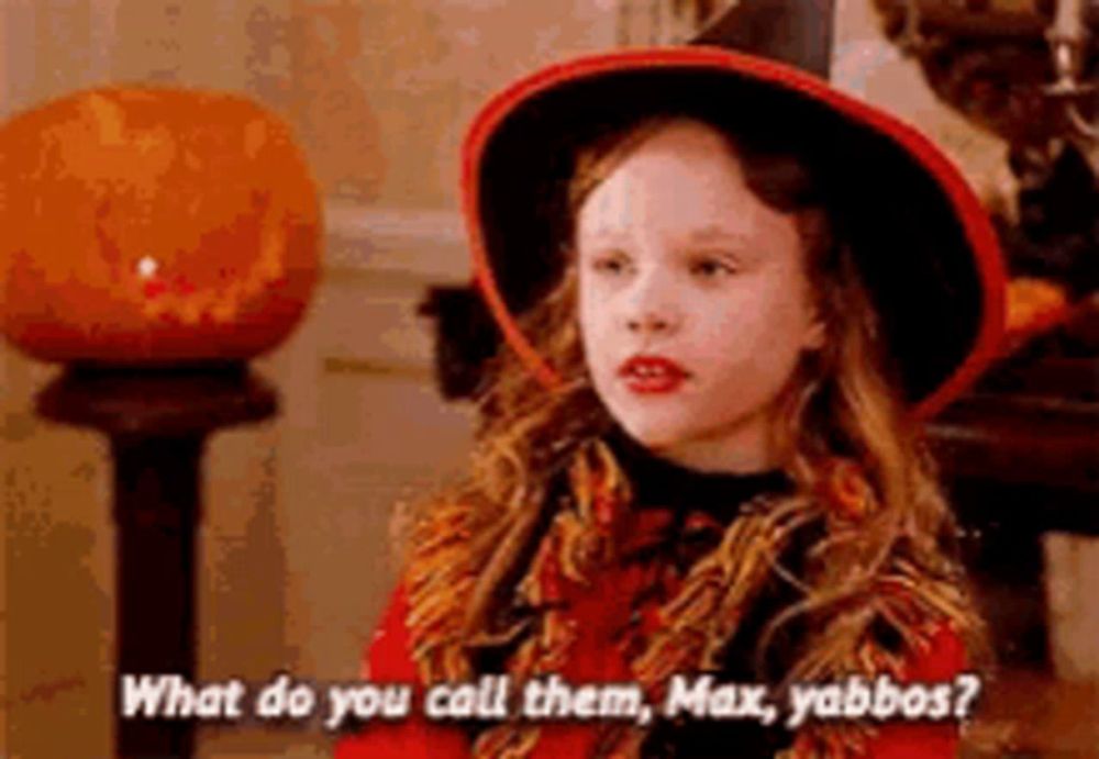 a girl in a witch costume is asking what do you call them , max , yabbos ?