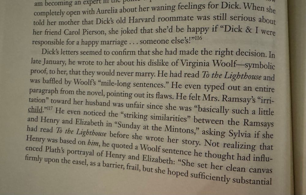 pages from heather clark’s ‘red comet’ biography on plath about a man’s opinion on virginia woolf and to the lighthouse. 