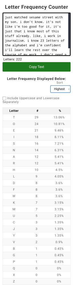 Letter frequency count of Jon's post confirming he only knows 23 letters.