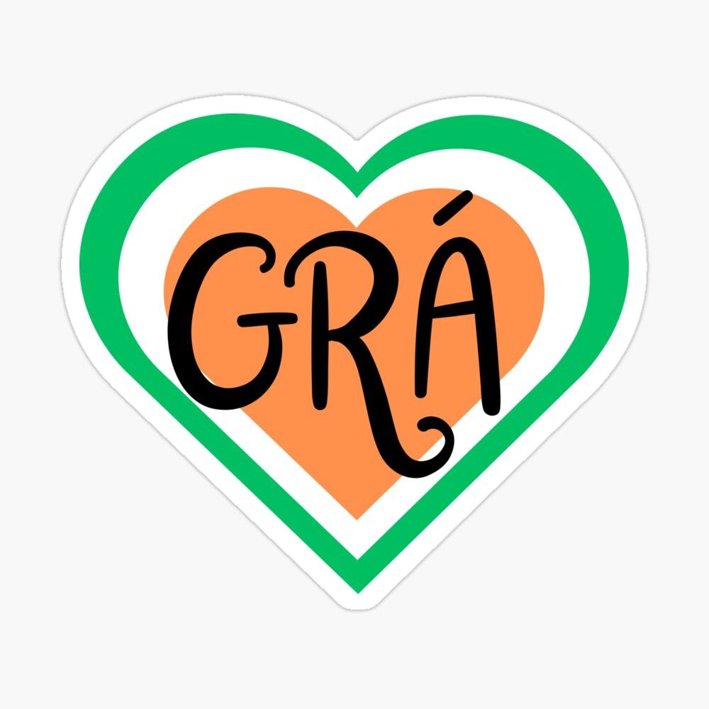 A heart shaped sticker with the colours of the Irish Flag and the caption 'Grá', the irish word for love, by Melty Shirts