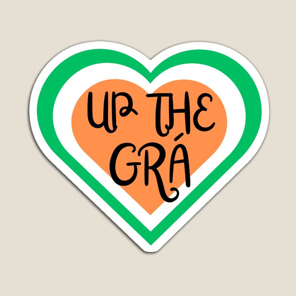 A sticker design from Melty Shirts' 'Grá' collection, It features a heart shape with the caption 'Up the Grá', patterned with the colours of the Irish Flag. Also available on t-shirts, hoodies and other apparel.