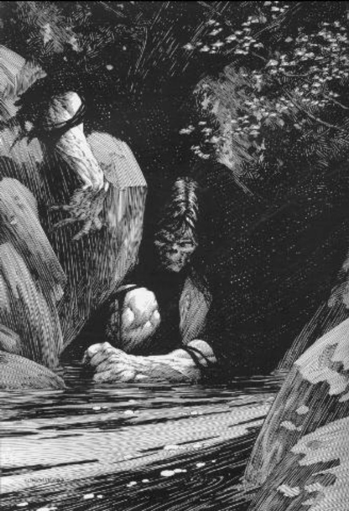 a black and white illustration by Bernie Wrightson, depicting Frankenstein’s creature leaning low on its forearm over a pool of water, gazing grimly at its reflection.